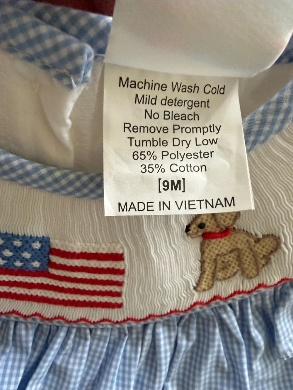Sticky Fish USA Flag Smocked Blue Gingham Bubble Rompers Set - Size 9 months